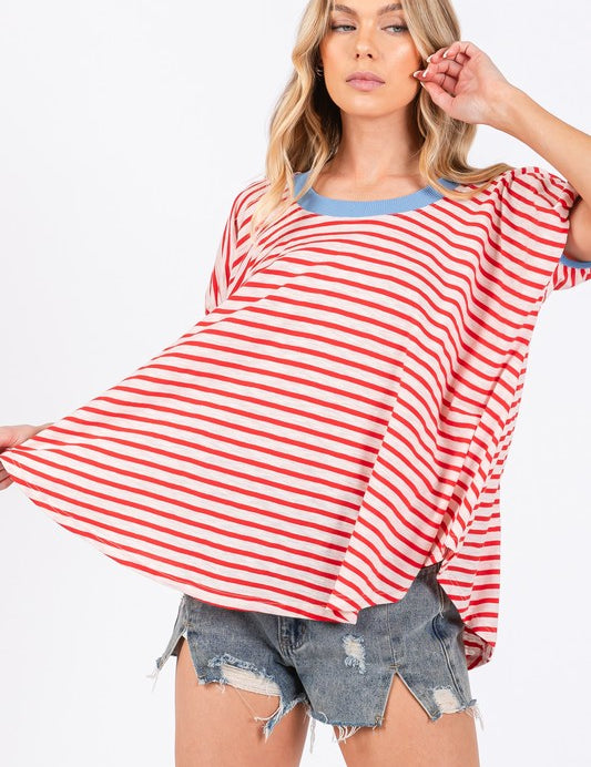 Ces Femme Striped Round Neck Short Sleeve T-Shirt