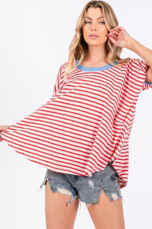 Ces Femme Striped Round Neck Short Sleeve T-Shirt T-Shirts