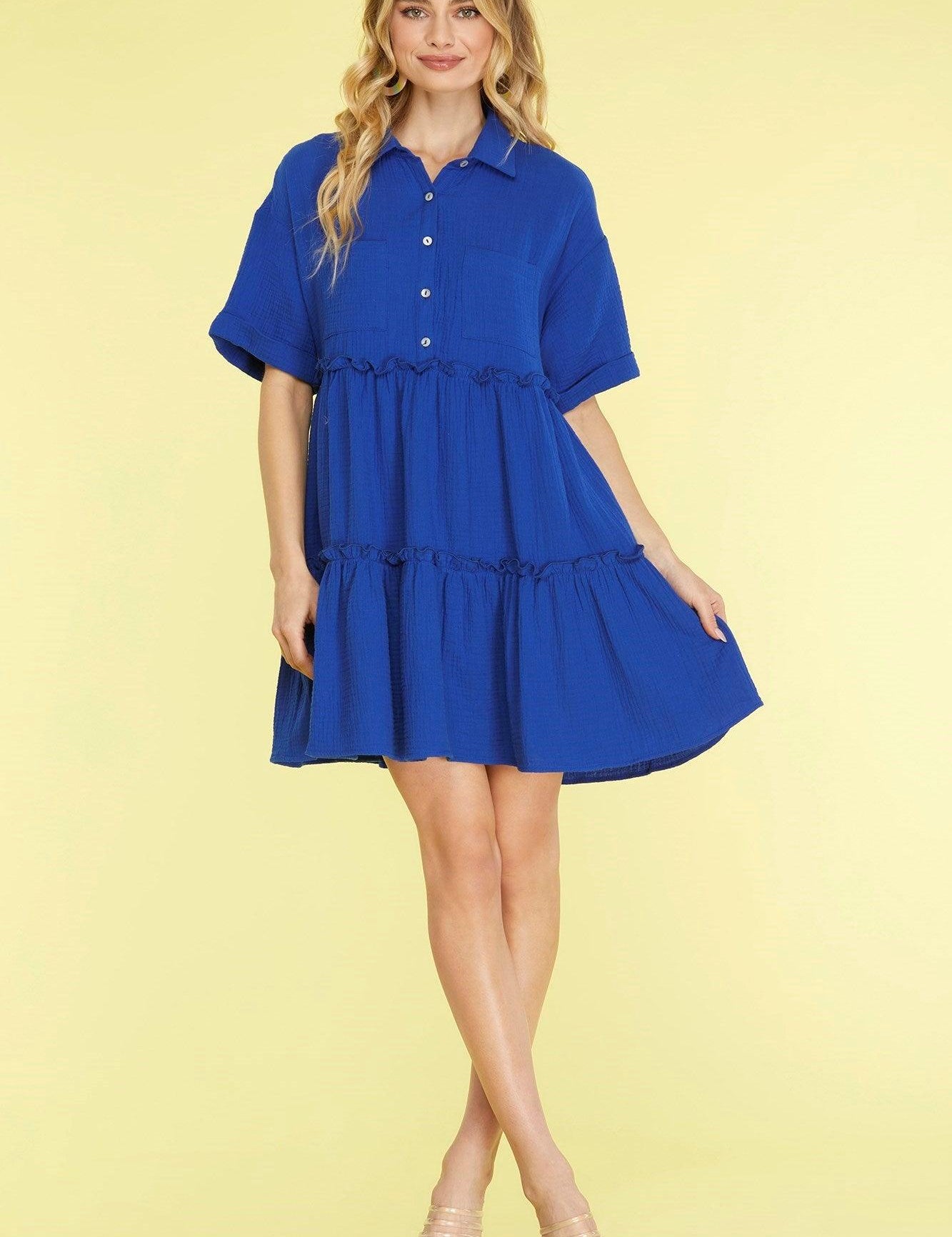 Dark Blue She + Sky Full Size Button Front Frill Tiered Mini Dress Plus Size | Daverri Fashions