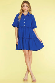 Dark Blue She + Sky Full Size Button Front Frill Tiered Mini Dress Plus Size | Daverri Fashions
