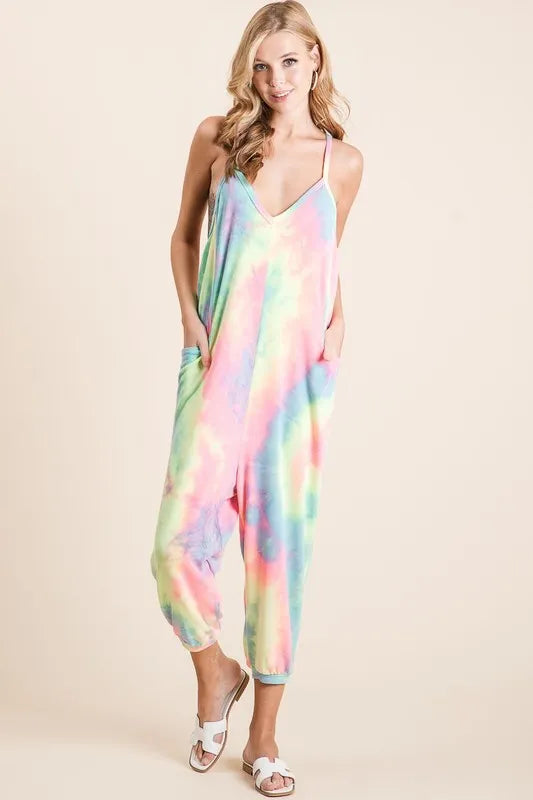 BiBi Tie Dye French Terry Mid-Length Casual Jumpsuit Jumpsuits