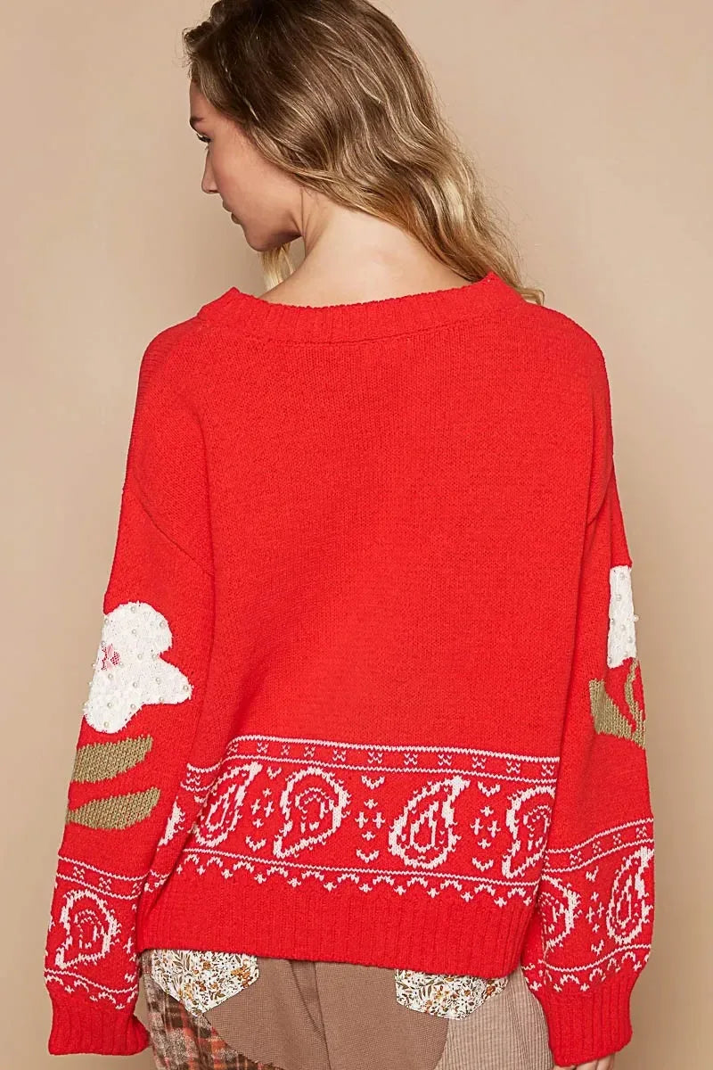 POL Flower Lace Patch Long Sleeve Sweater - DAVERRI FASHIONS