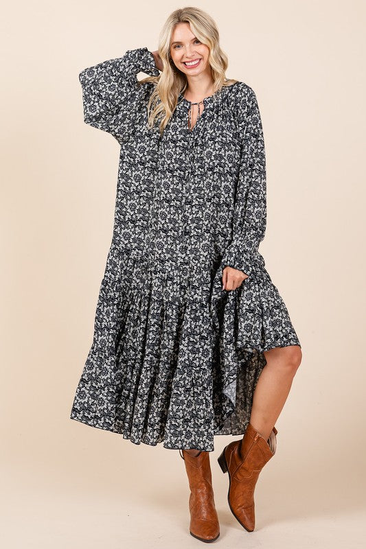 Mittoshop Printed Tie Neck Flounce Sleeve Midi Dress Dark Navy Mid Dresses