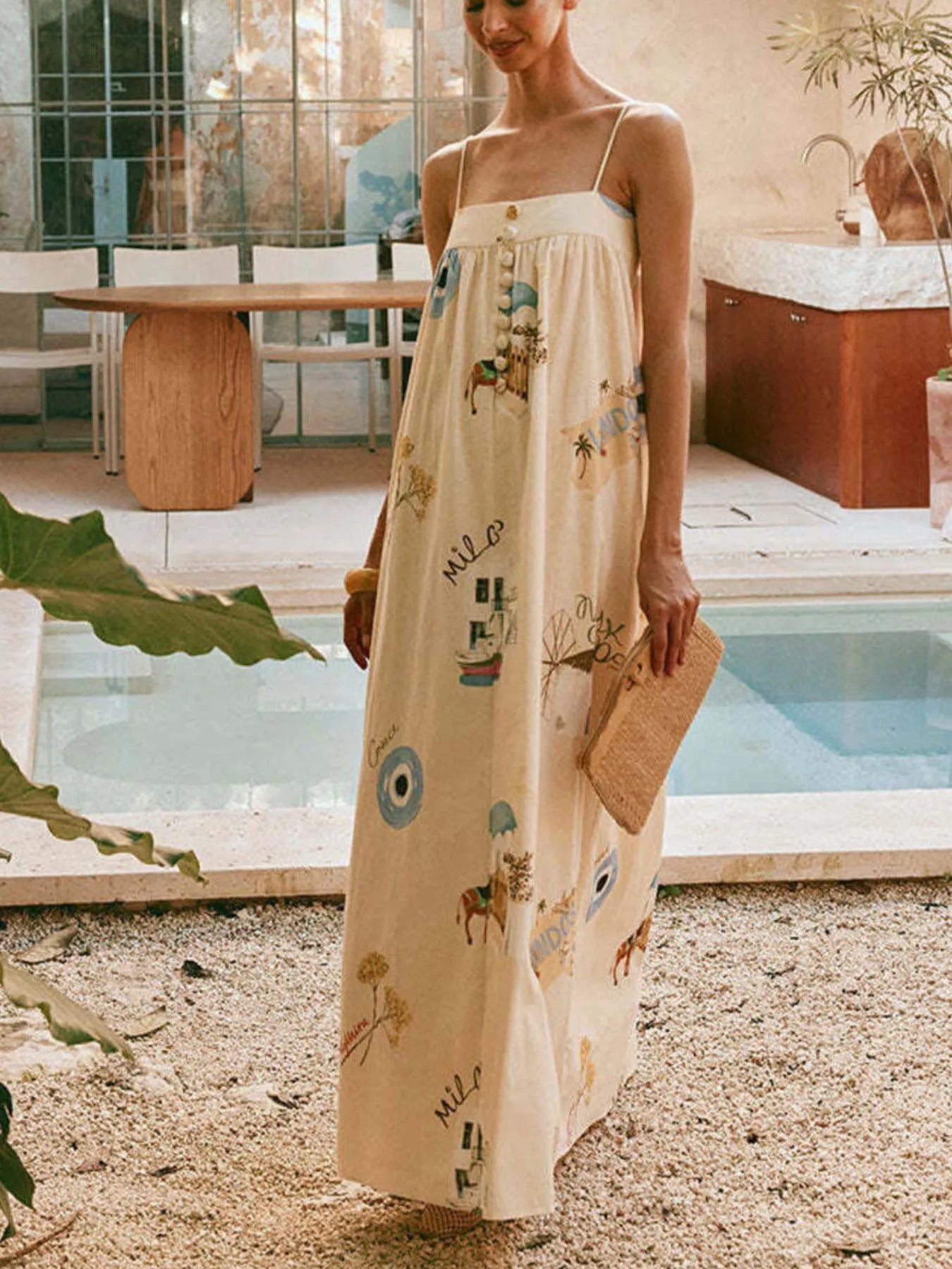 Daverri bohemian print cami maxi dress with horses and palm trees