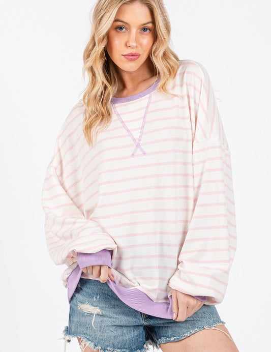 Ces Femme Striped Round Neck Drop Shoulder Sweatshirt Blush Pink