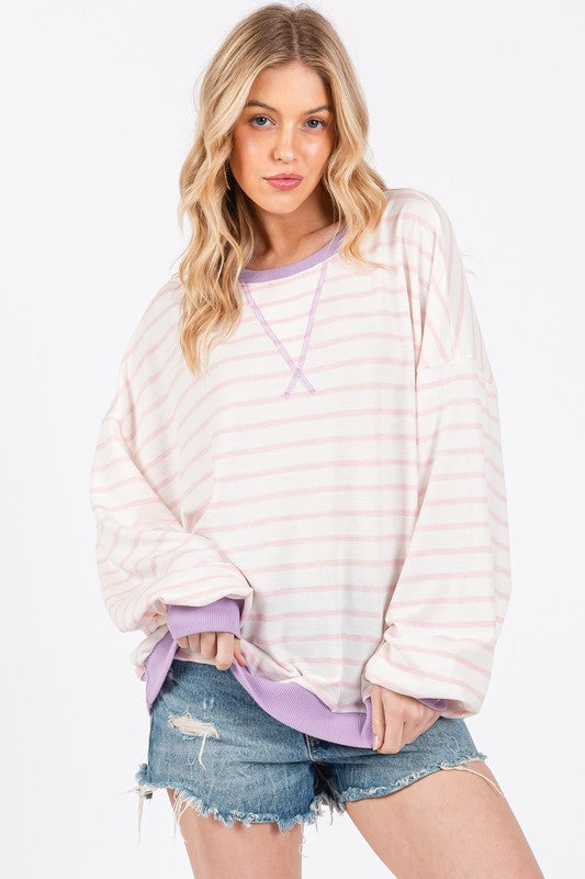 Ces Femme Striped Round Neck Drop Shoulder Sweatshirt Blush Pink