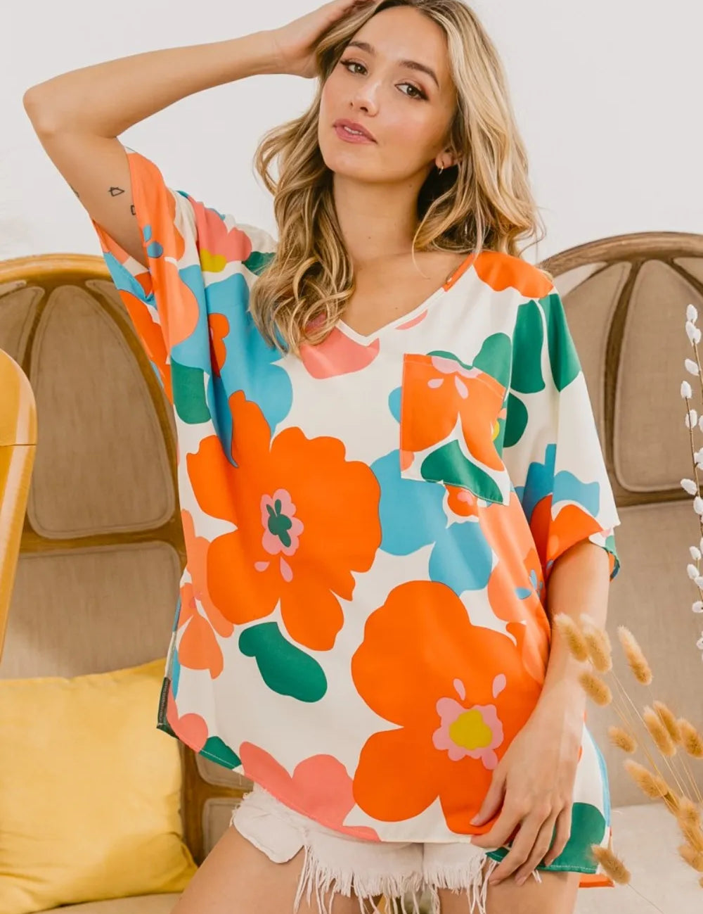 Cream Orange Blue BiBi Floral V Neck Slit Side T-Shirt | T Shirts Daverri Fashions