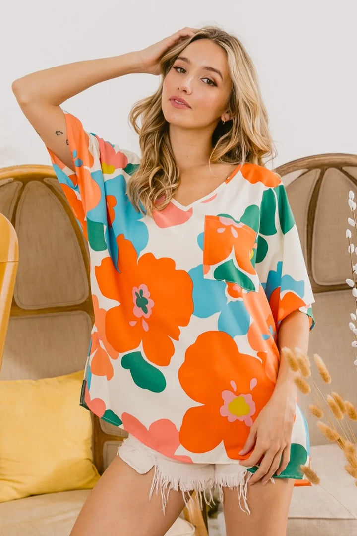 BiBi Floral V Neck Slit Side T-Shirt Cream Orange Blue T Shirts