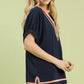 Umgee Linen Contrast Trim V-Neck Blouse in navy with peach trim