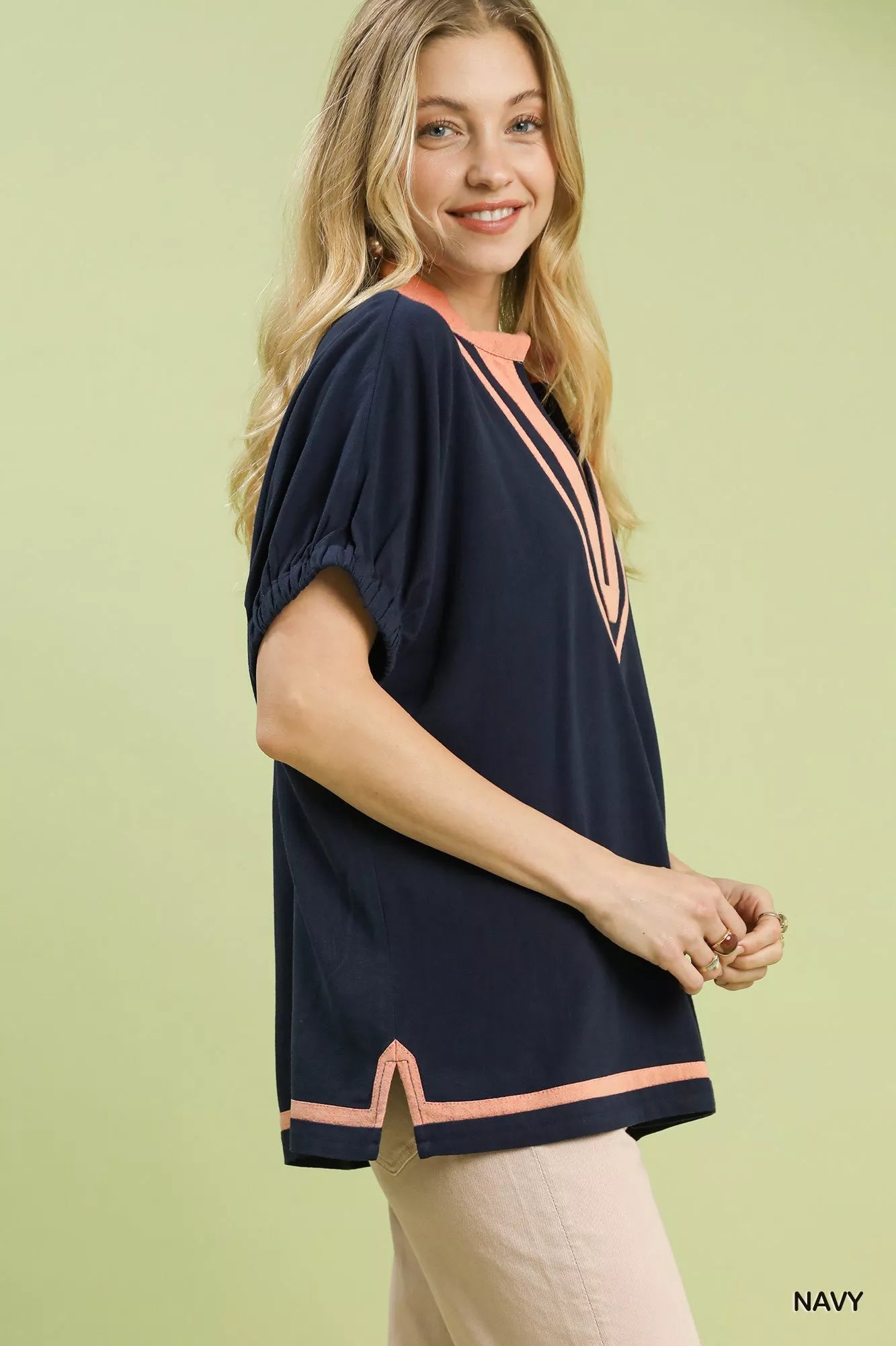 Umgee Linen Contrast Trim V-Neck Blouse in navy with peach trim