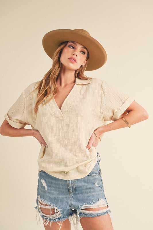 Aemi + Co Side Slit Johnny Collar Short Sleeve Cotton Gauze Blouse Blouses