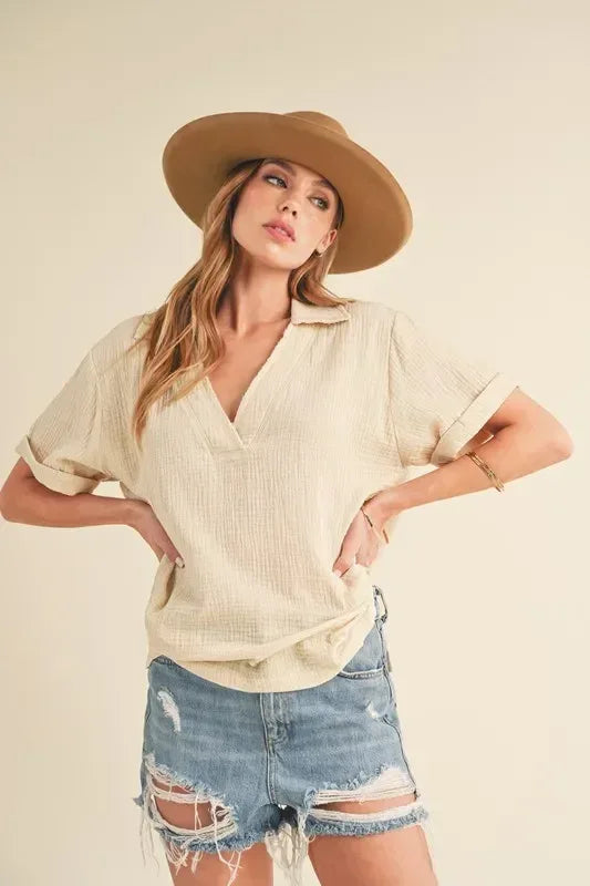 Aemi + Co Side Slit Johnny Collar Short Sleeve Cotton Gauze Blouse - DAVERRI FASHIONS