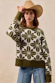 BiBi Flower Pattern Long Sleeve Sweater Olive | Sweaters Daverri Fashions