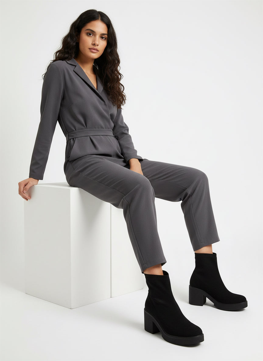 Charcoal gray blazer pants set with black heeled Chunky Platform Sock Bootie