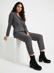 Charcoal gray blazer pants set with black heeled Chunky Platform Sock Bootie