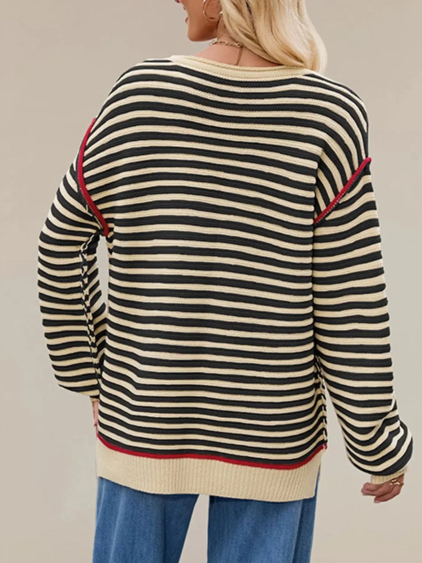 Slit Striped Oversized Sweater - DAVERRI FASHIONS