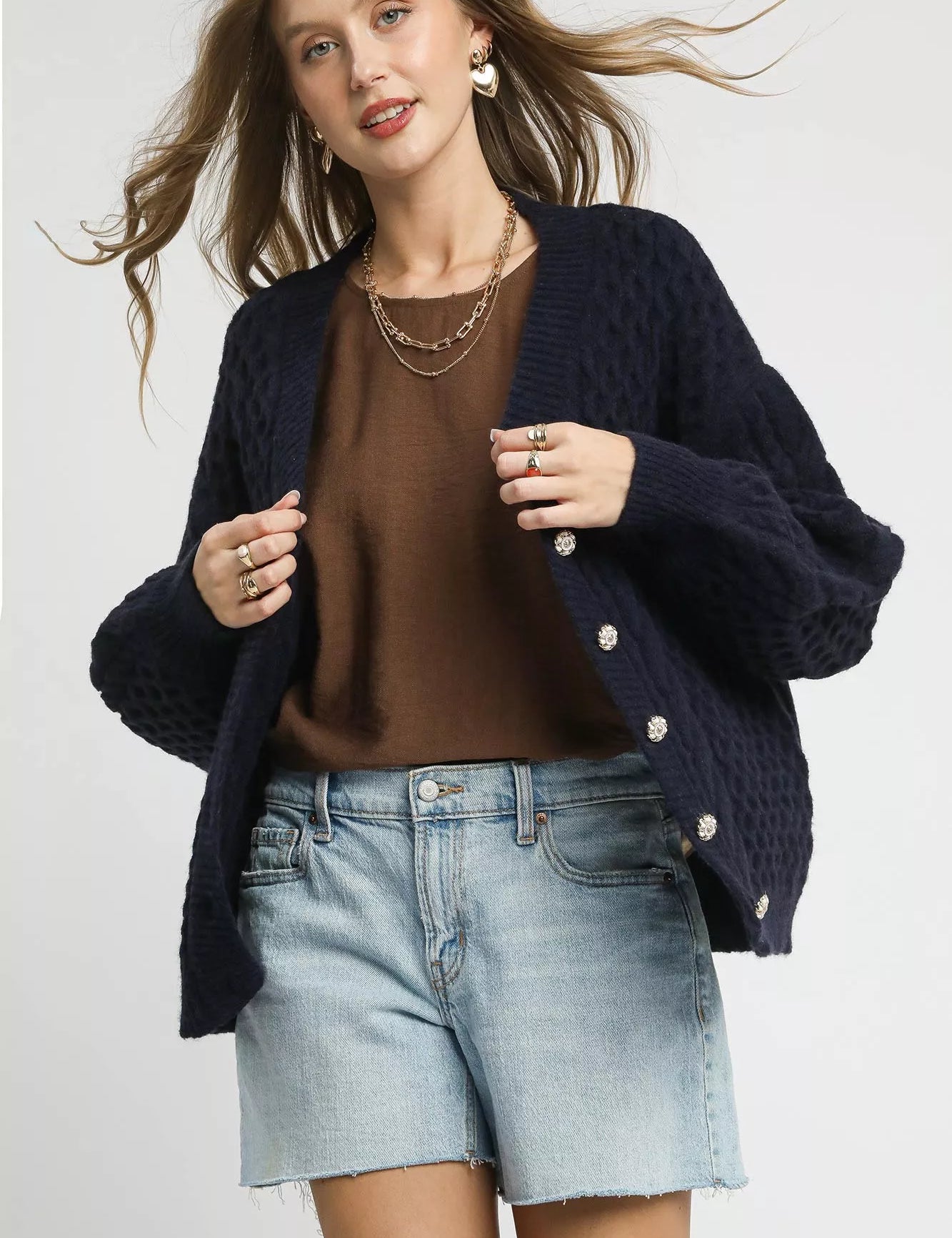 NAVY Umgee Cable Knit Pearl Button Cardigan | Cardigans Daverri Fashions