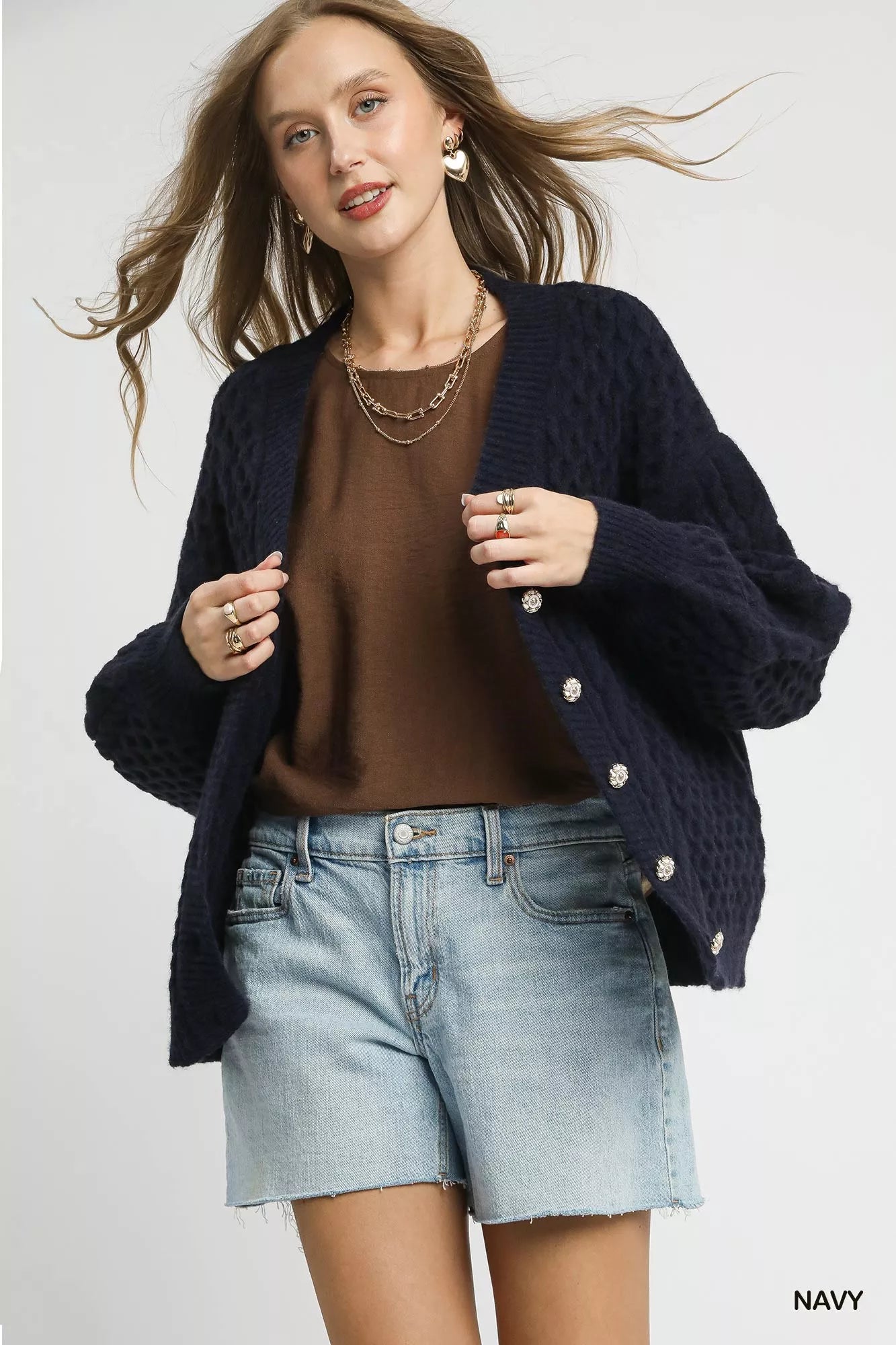 NAVY Umgee Cable Knit Pearl Button Cardigan | Cardigans Daverri Fashions