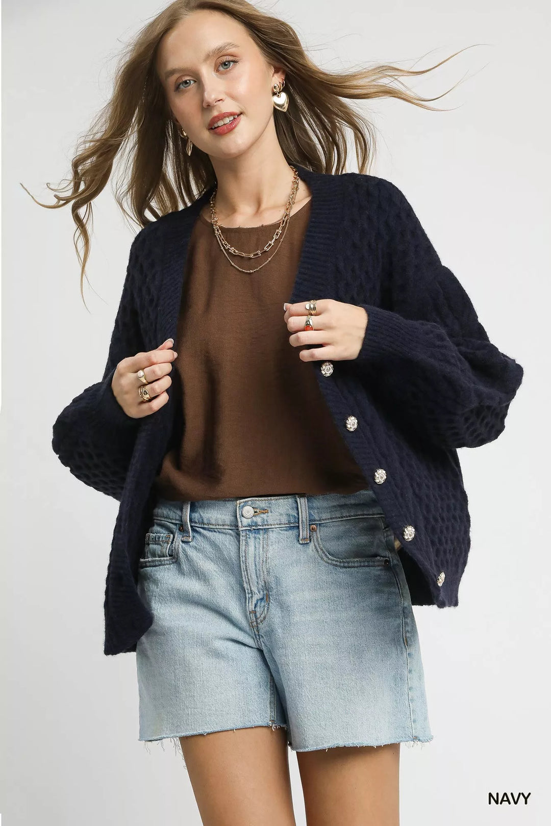 NAVY Umgee Cable Knit Pearl Button Cardigan | Cardigans Daverri Fashions