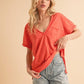 Aemi + Co Side Slit V-Neck Short Rolled Sleeve T-Shirt Coral M T-Shirts