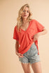 Aemi + Co Side Slit V-Neck Short Rolled Sleeve T-Shirt Coral M T-Shirts