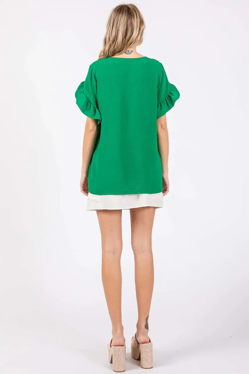 GeeGee Ruffled Short Sleeve V-Neck Blouse - DAVERRI FASHIONS