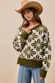 BiBi Flower Pattern Long Sleeve Sweater Olive | Sweaters Daverri Fashions
