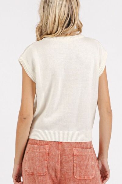 Mittoshop Contrast Letter Round Neck Cap Sleeve Knit Top Tops