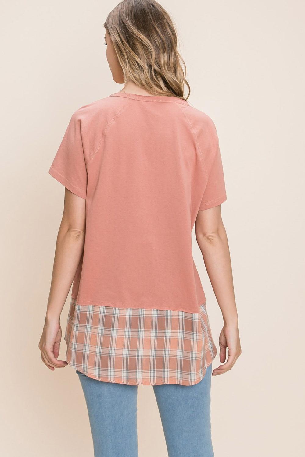 Cotton Bleu Plaid Contrast Short Sleeve T-Shirt Shirts & Tops