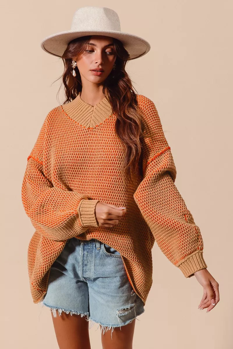 SO ME Oversized Two Tone Textured V Neck Sweater | Sweaters Daverri Fashions