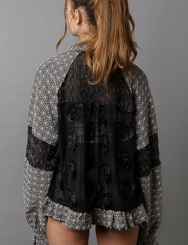 POL Eyelet Flower Pearl Detail Lace Patchwork Shirt