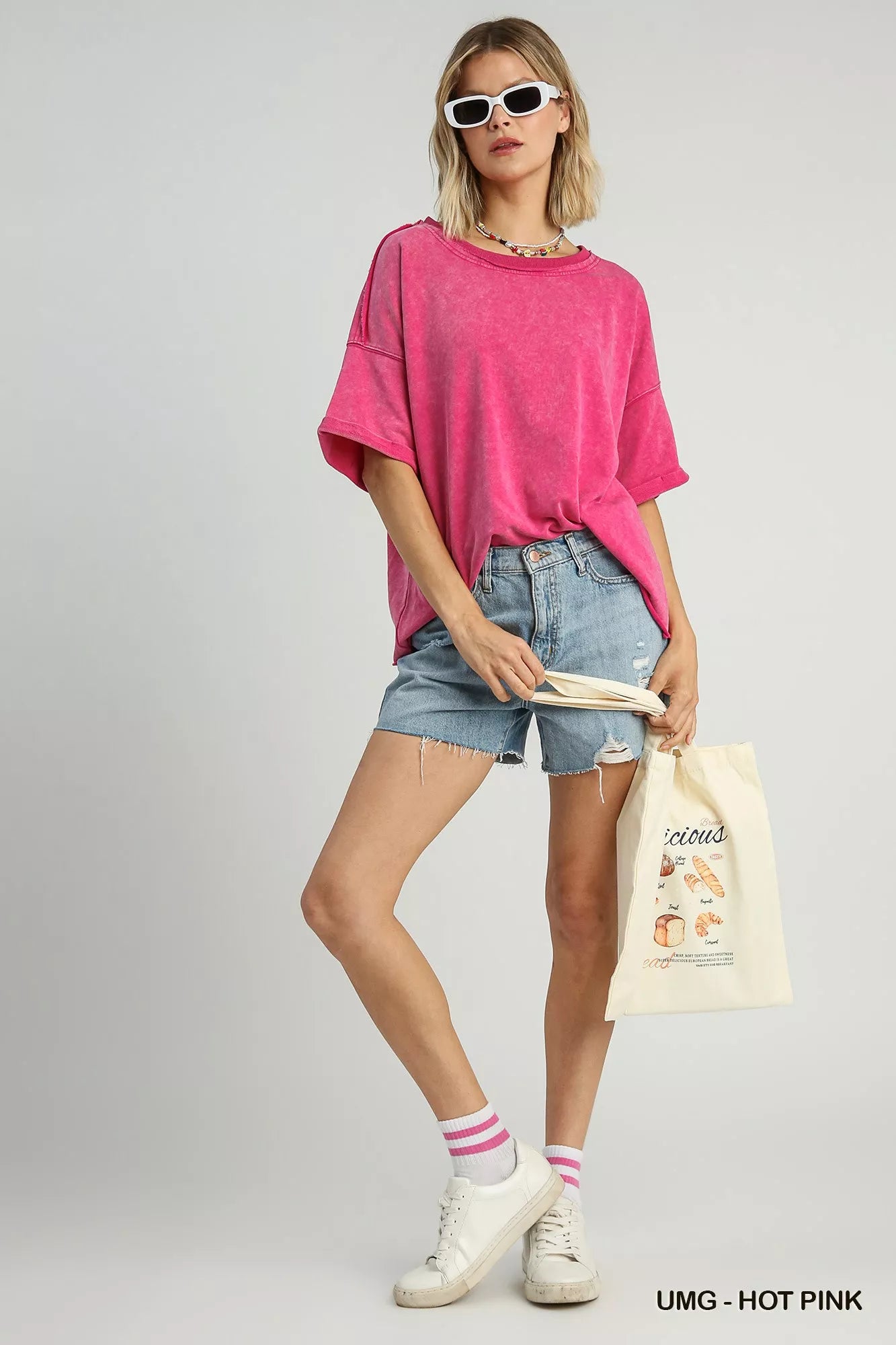 Umgee Mineral Wash Round Neck Top Hot Pink | Tops Daverri Fashions