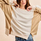 BiBi French terry color block top in beige and cream with open seam sleeves