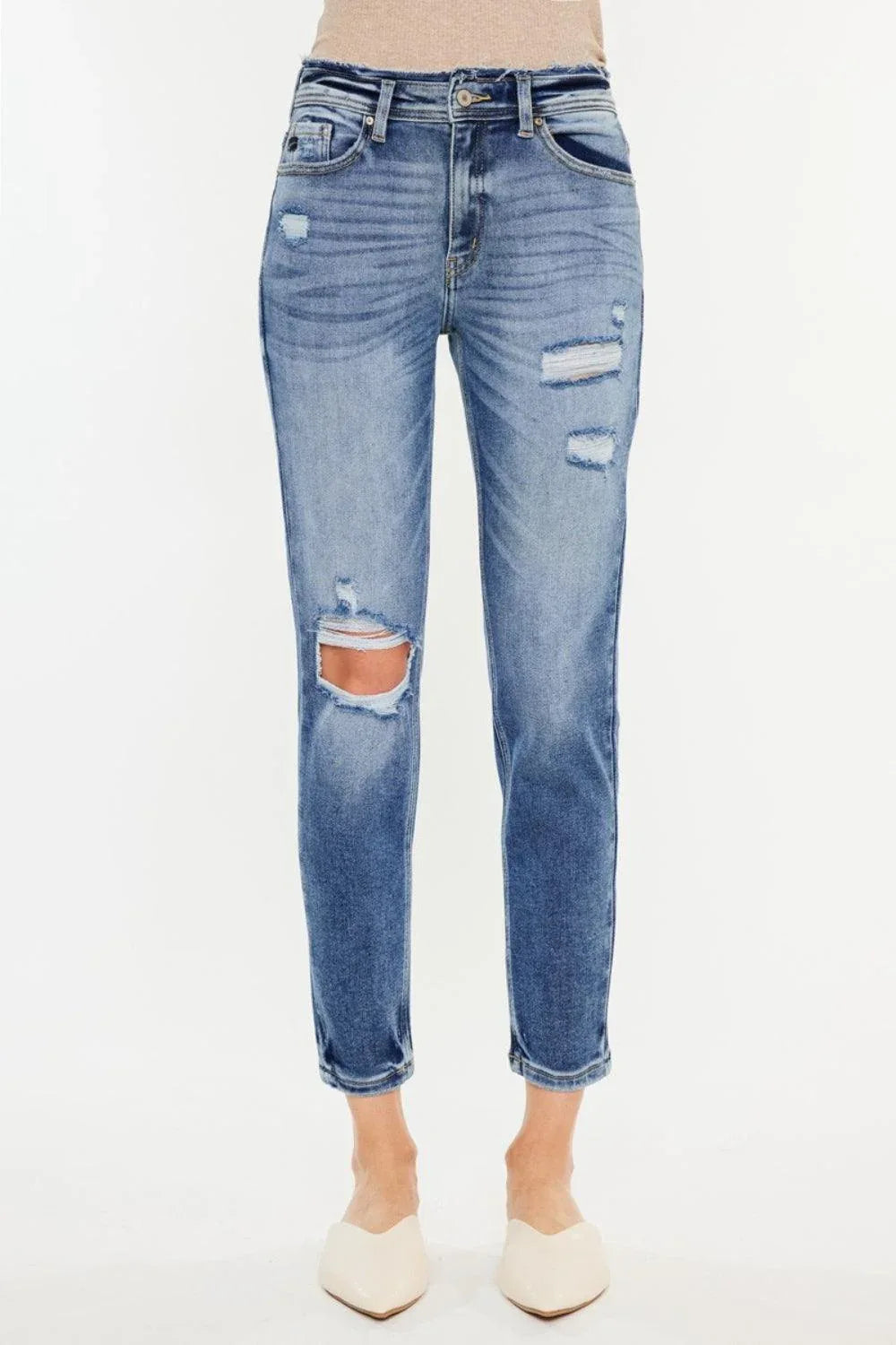 Kancan High Rise Distressed Mom Jeans - DAVERRI FASHIONS