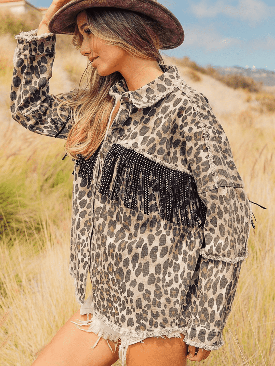 Leopard Fringe Detail Collared Neck Denim Jacket | Denim Jackets Daverri Fashions