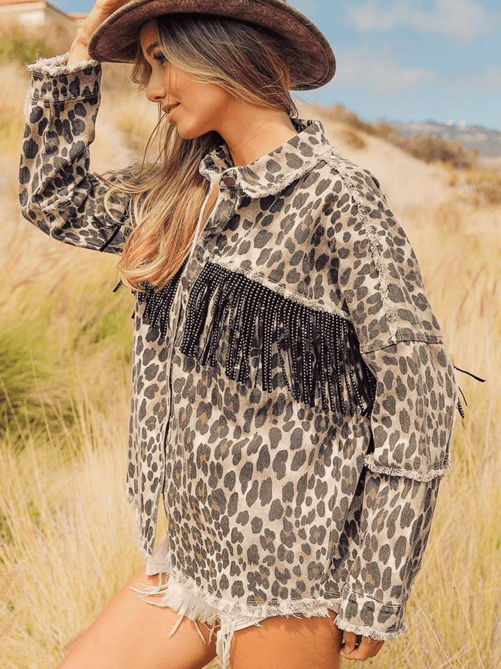 Leopard Fringe Detail Collared Neck Denim Jacket | Denim Jackets Daverri Fashions