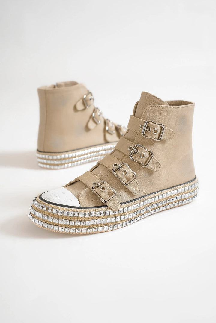 Beast Fashion Multi-Buckle Straps Studded Platform Sneakers Footwear