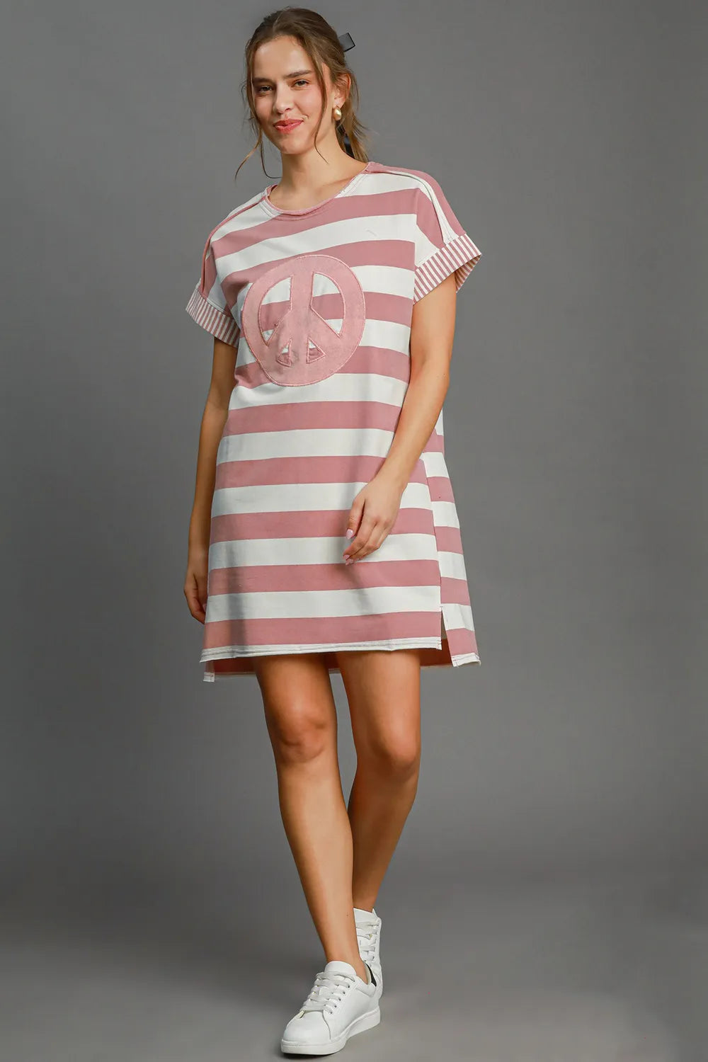 Umgee Peace Applique Striped Short Sleeve Mini Dress Dusty Pink S