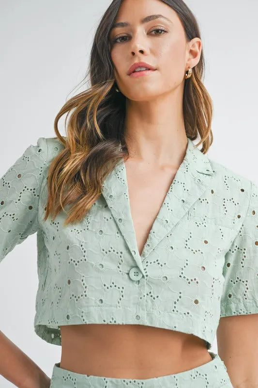 MABLE Eyelet Short Sleeve Crop Top and Shorts Set Outfit Sets