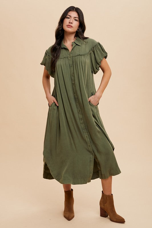 Annie Wear Mineral Washed Button Down Puff Sleeve Shirt Dress Tops