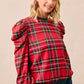 BiBi Christmas Plaid Exaggerated Shoulder Sleeves Top - DAVERRI FASHIONS