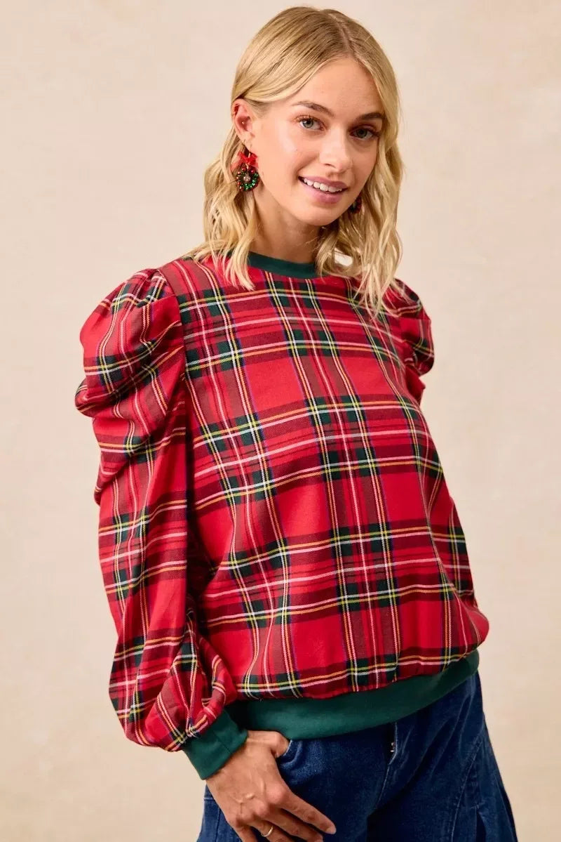 BiBi Christmas Plaid Exaggerated Shoulder Sleeves Top - DAVERRI FASHIONS