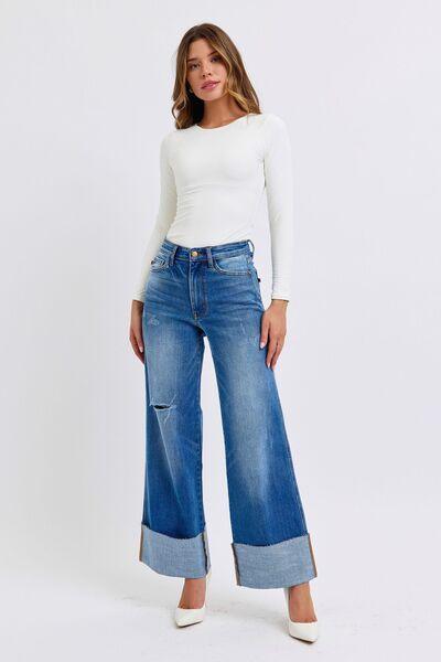 Judy Blue Full Size Distressed High Waist Wide Leg Jeans - DAVERRI FASHIONS