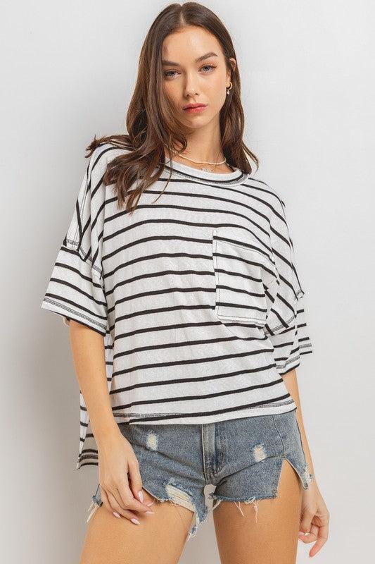 Ces Femme Side Slit Striped Round Neck Half Sleeve T-Shirt - DAVERRI FASHIONS