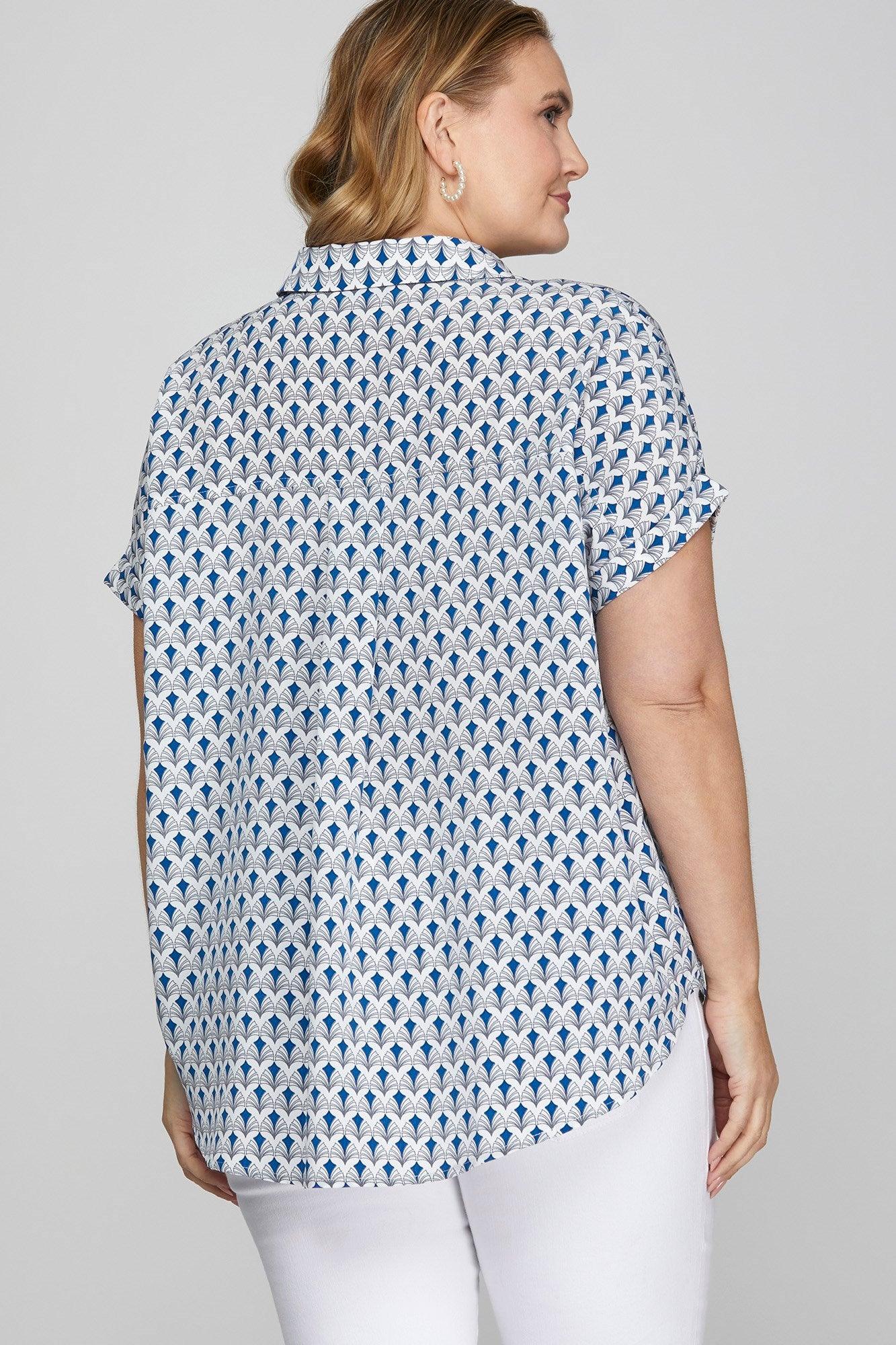 She + Sky Full Size Printed Johnny Collar Short Sleeve Blouse Plus Size | Blouses Daverri Fashions