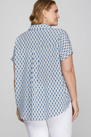She + Sky Full Size Printed Johnny Collar Short Sleeve Blouse Plus Size | Blouses Daverri Fashions