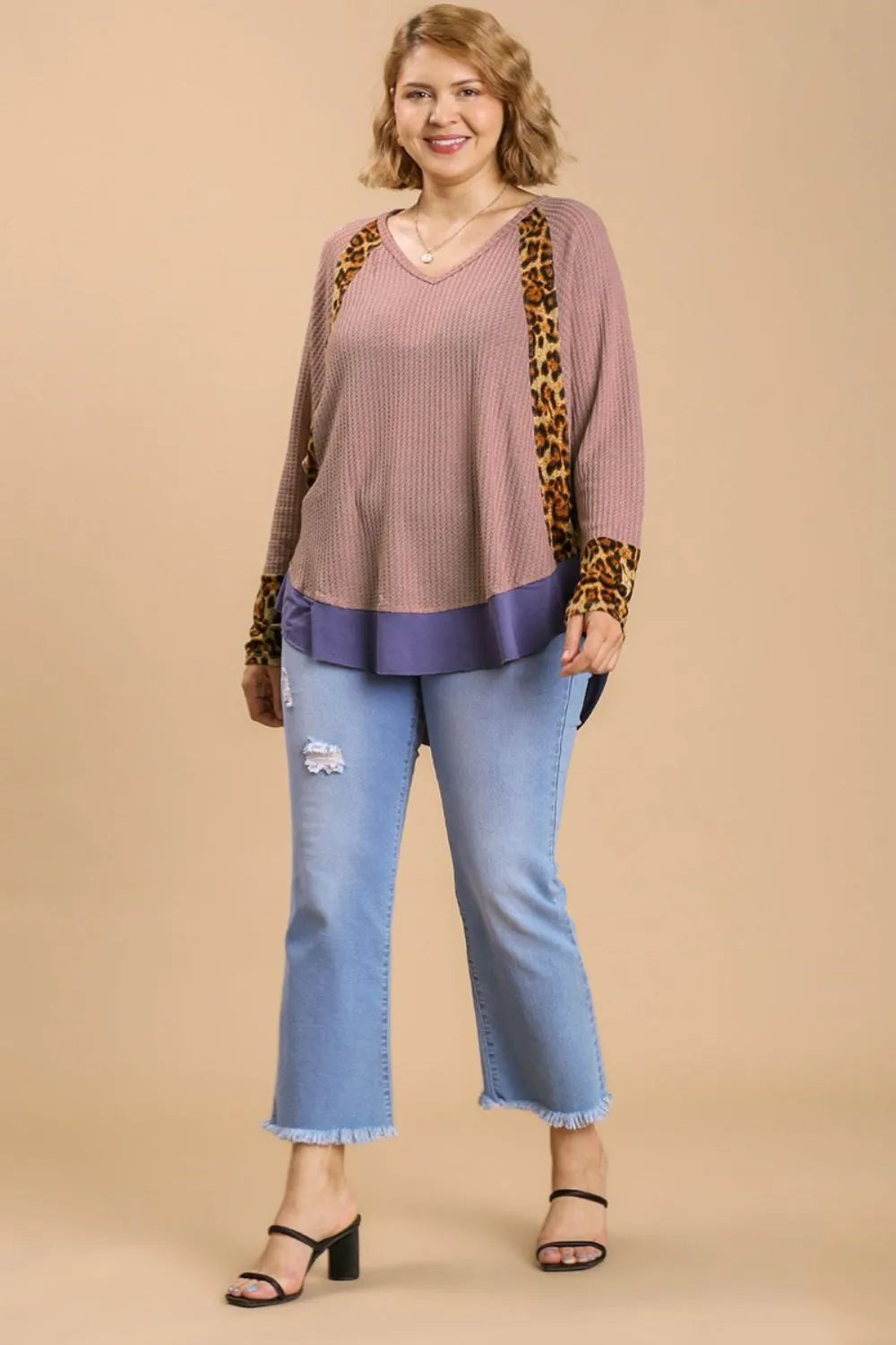 Umgee Leopard High-Low Dolman Sleeve Waffle Knit Top Plus Size | Tops Daverri Fashions