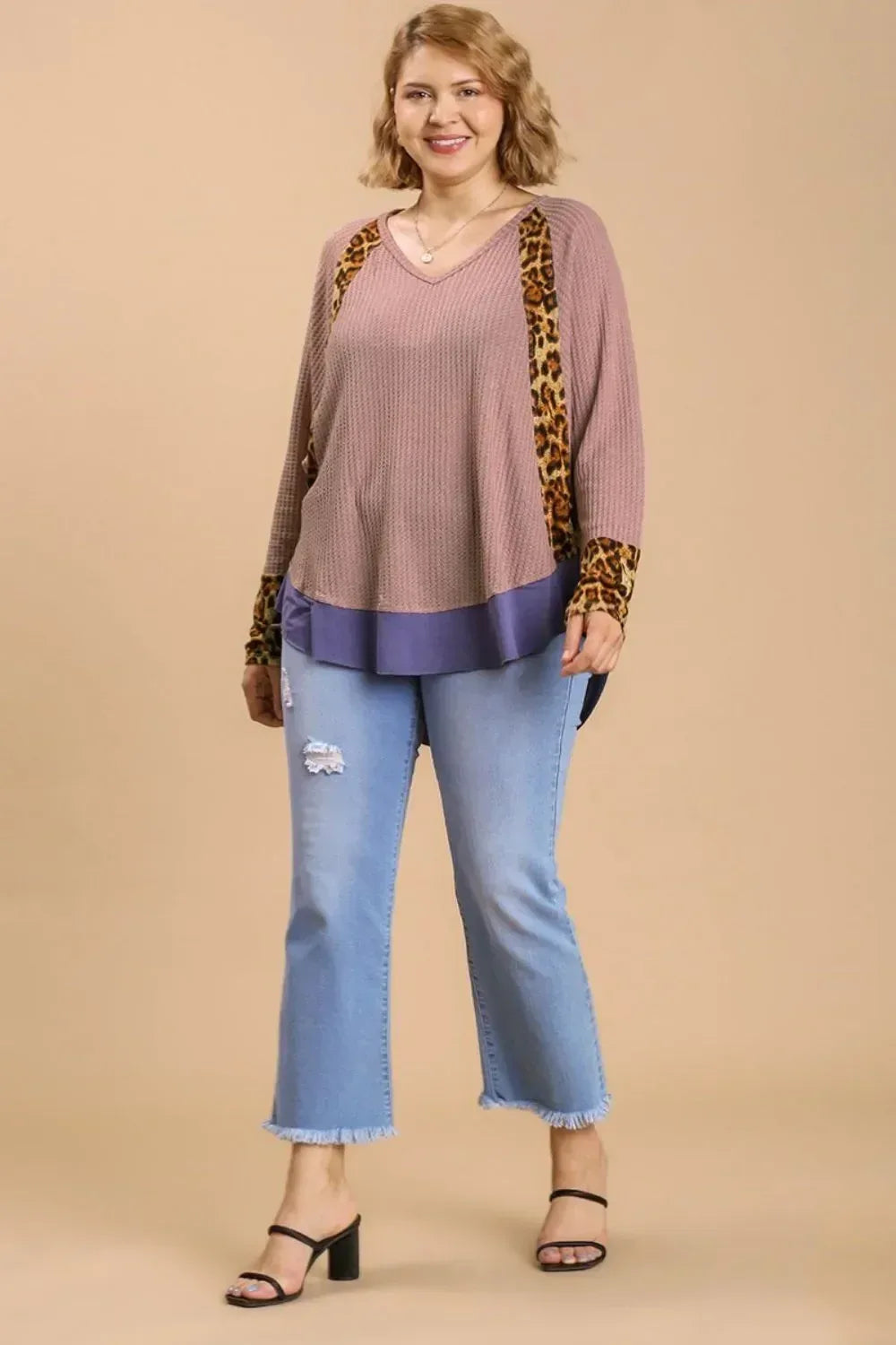 Umgee Leopard High-Low Dolman Sleeve Waffle Knit Top Plus Size - DAVERRI FASHIONS