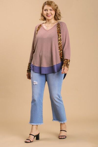 Umgee Full Size Leopard High-Low Dolman Sleeve Waffle Knit Top Plus Size