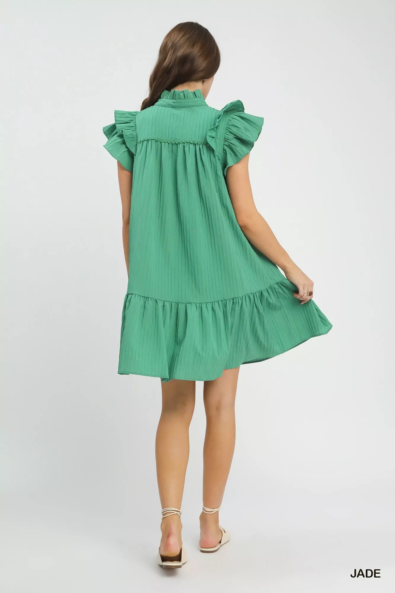 Umgee Flutter Sleeve Tiered Dress in teal with ruffles and tiered hem